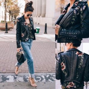 BLANKNYC Floral Vegan Faux Leather Moto Jacket